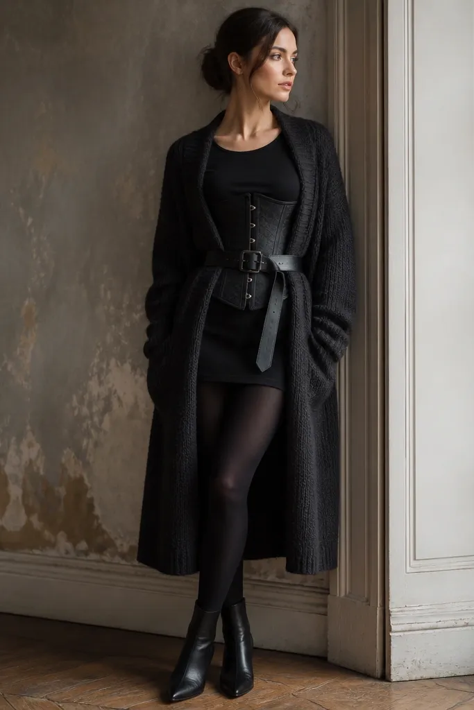 A black corset over a black fitted top, layered under a long knit cardigan. The cardigan is belted at the waist, and the model wears black opaque tights and ankle boots.