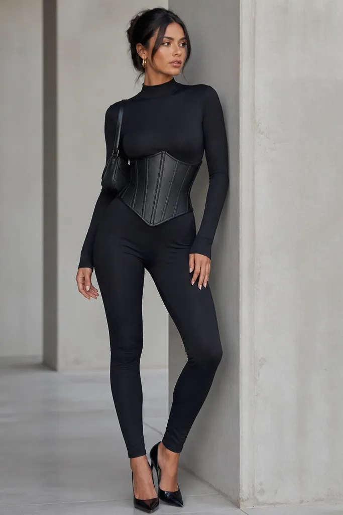 A matte black corset worn over a black bodycon jumpsuit with a high neckline. The model wears sleek heels and a small shoulder bag; the jumpsuit fabric looks smooth and stretchy.