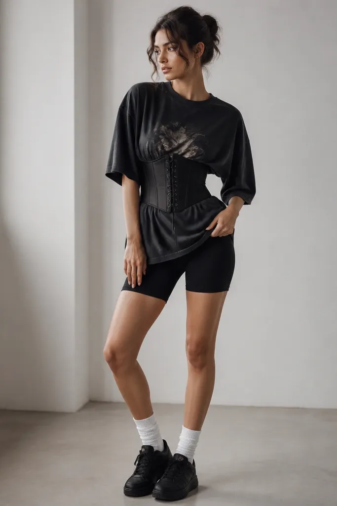 A black corset worn over an oversized black graphic tee that is half-tucked into black bike shorts. The model wears white crew socks and black sneakers; the corset lacing is visible at the center front.