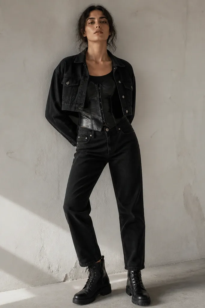 A black leather corset is worn over a black tank. A cropped black denim jacket is layered on top. The pants are black straight jeans, and the boots are black combat-style.