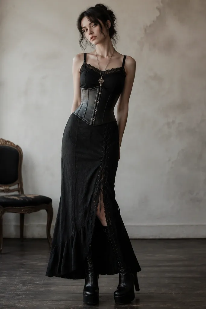 A black leather corset is worn over a fitted black lace-up bodice dress. The dress has thin straps and a modest neckline. The model wears black platform boots and a long silver pendant necklace.