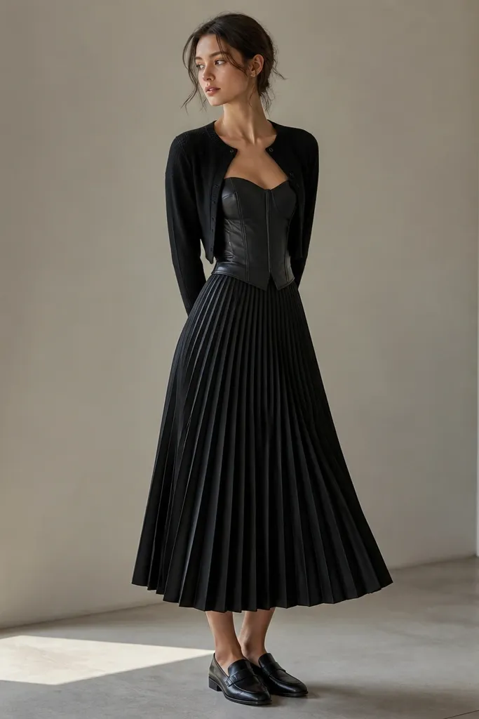 A black leather corset is paired with a black pleated midi skirt that falls to the shin. The pleats fan slightly at the waist. The model wears black loafers or low-heeled shoes and a cropped black cardigan.