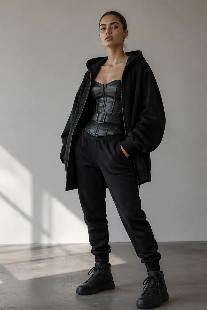 A black leather corset is worn over an oversized black hoodie that hangs open at the front. A wide black leather belt sits above the corset waist line. The model wears black tapered joggers and black high-top sneakers.