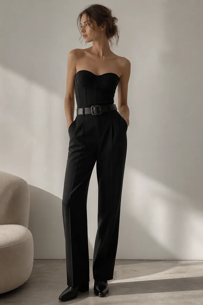 A black corset top tucked into high-waist black trousers with pressed creases. The trousers fall straight to the ankle. The styling includes a chunky black belt and sleek low boots.