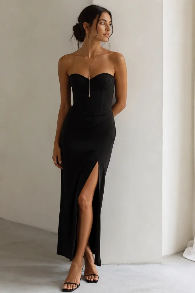 A black corset top tucked into a black maxi skirt with a side slit. The skirt hangs straight and moves with a soft drape. The outfit includes heeled sandals and a long necklace.