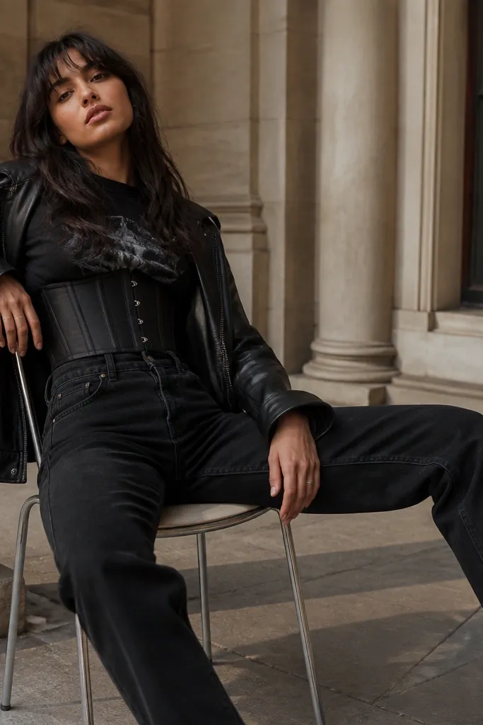 A black corset top worn over a black graphic band tee, with a black leather jacket open. The outfit includes high-waist black denim and chunky boots.