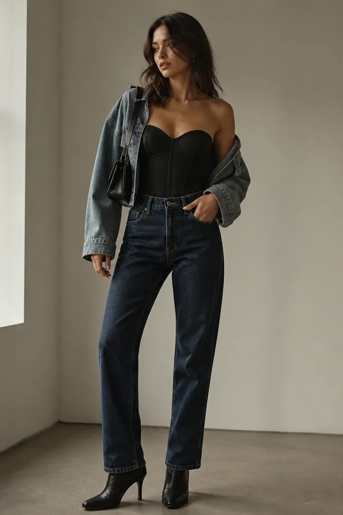 A black corset top worn with a faded blue denim jacket. The jeans are high-rise straight leg in dark wash, with a belt loop line that aligns with the corset waist. The model has black heeled ankle boots and a small black shoulder bag.