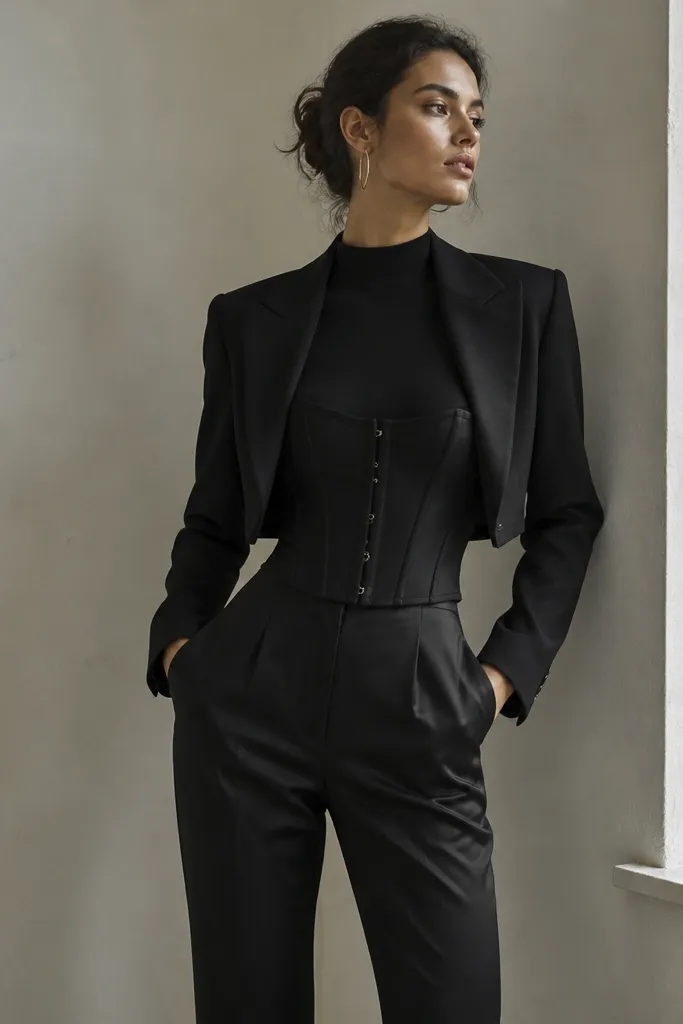A black corset layered over a black mock-neck bodysuit. The pants are tailored cigarette style in black with a subtle sheen. The model wears a short black blazer and silver hoop earrings.