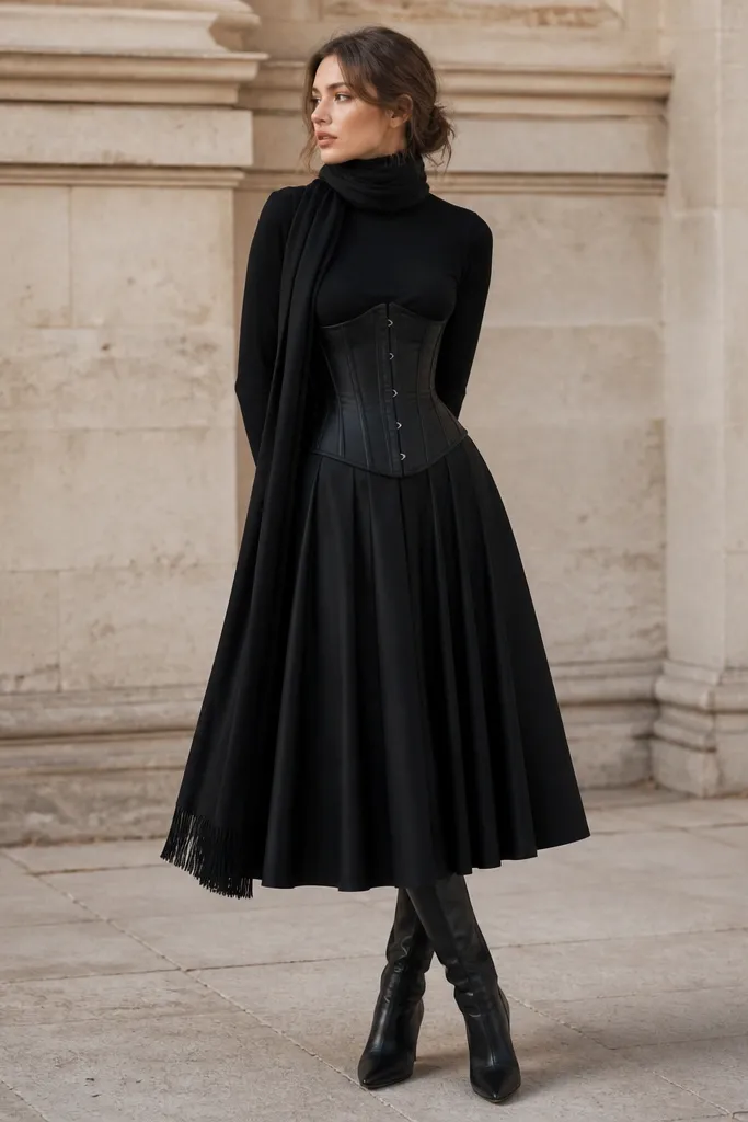 A black corset layered over a fitted black turtleneck sweater. The midi skirt is black and slightly pleated with a matte finish. The model wears black knee-high boots and a long scarf.