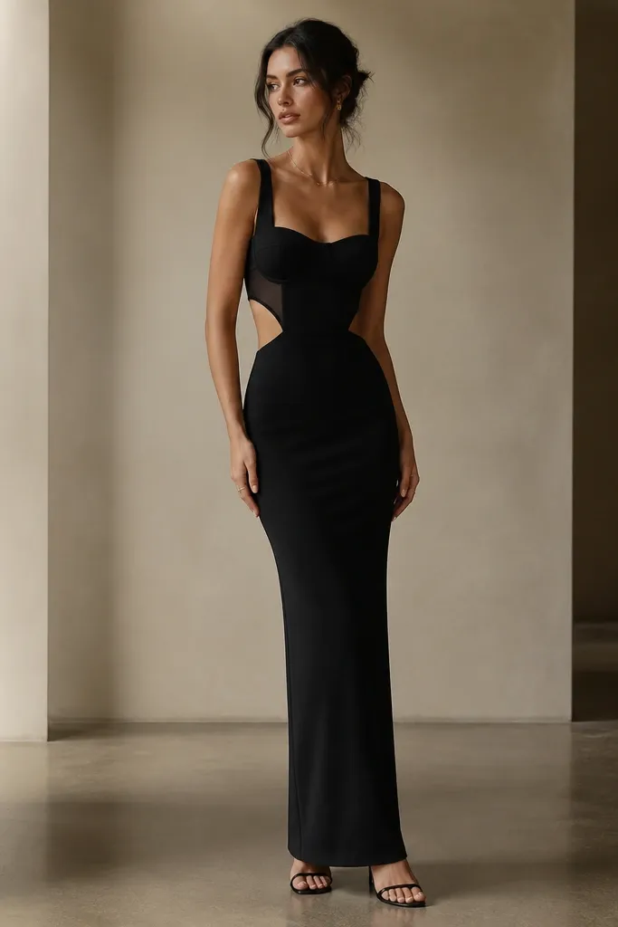 A fitted long black column dress with subtle side cutouts. Under the dress, a black corset top is visible at the waist and neckline. The model wears minimal jewelry and black strappy heels.