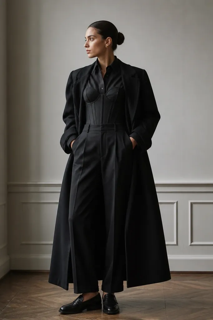 A black corset worn over an oversized black button-down. The shirt is tucked into high-waist black trousers, creating a slight puff at the shoulders. The model wears a long coat open over everything and black loafers.