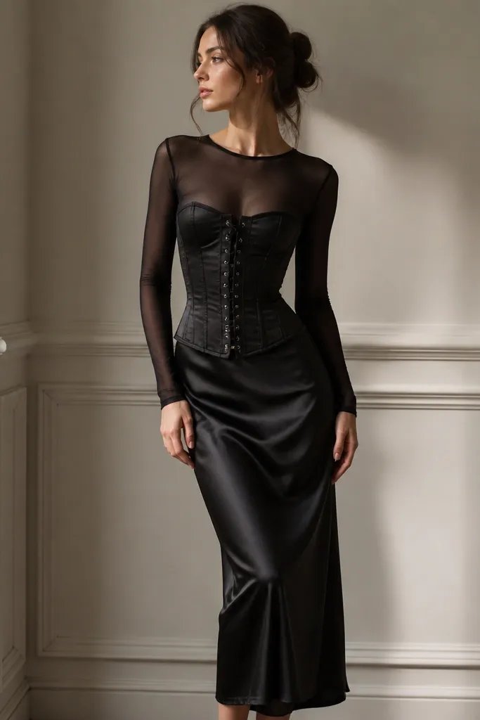A black corset outfit corset black layered over a black mesh top. A satin midi skirt falls to the mid-calf with a soft sheen. The corset lacing is centered and visible, and the skirt has a subtle bias drape.