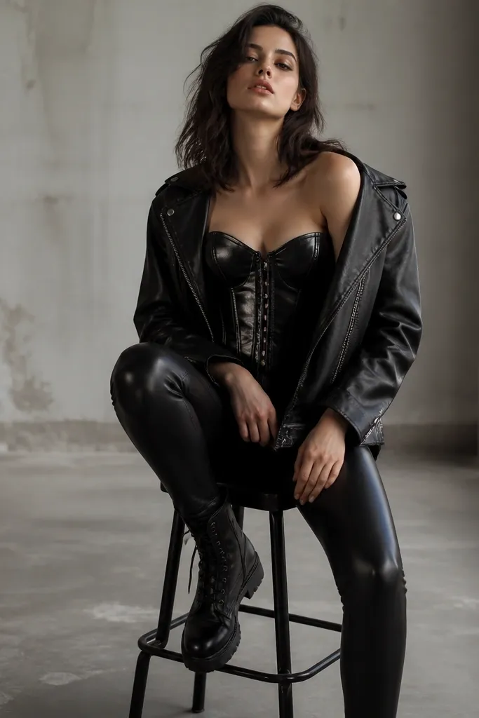 A black corset outfit corset black with a black leather biker jacket worn open. The corset looks slightly glossy with visible boning. The outfit includes black skinny leather pants and lace-up combat boots.