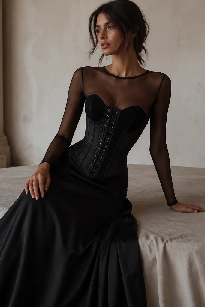 A black corset outfit corset black layered over a black mesh bodysuit. A long black skirt covers the lower half, while the mesh bodysuit shows at the torso. The corset lacing and boning lines are centered and visible.