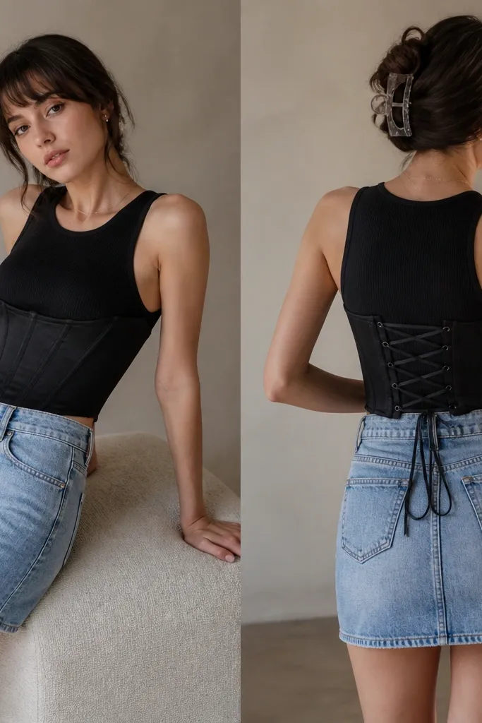 A black corset layered over a black ribbed tank. A mid-thigh blue denim skirt sits high at the waist. The corset lacing is visible at the back with a neat, symmetrical pattern, and the denim has a light wash.