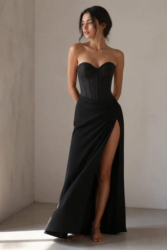 A black corset paired with a black wrap maxi skirt. The skirt has a diagonal wrap seam and a high slit on one side. The corset front is visible above the skirt waistband, and the fabric looks matte and drapey.