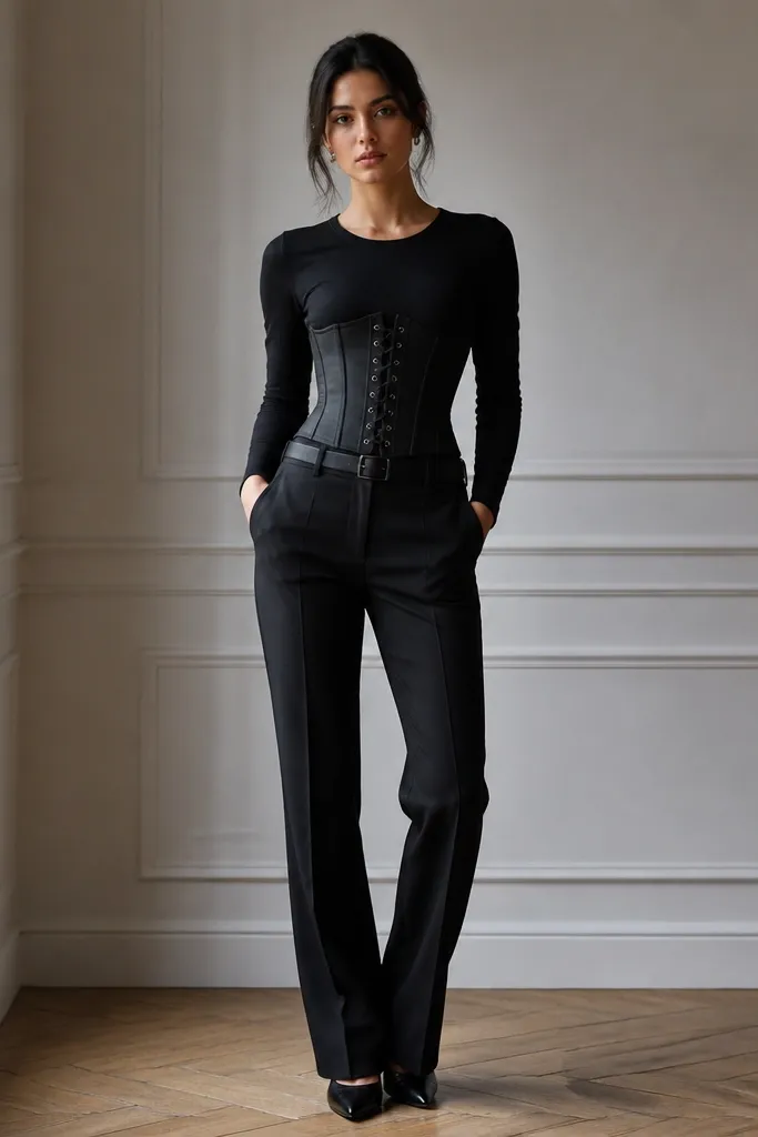 A black corset paired with black straight-leg trousers. A thin black belt is visible at the waist over a simple top, and the corset lacing creates a defined center line. The outfit looks office-ready with a clean hem break.
