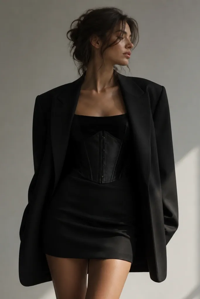 A black corset centered over a black top. An oversized black blazer is worn open and hangs past the hips. A black mini skirt sits high at the waist, and the outfit has a high-contrast silhouette.