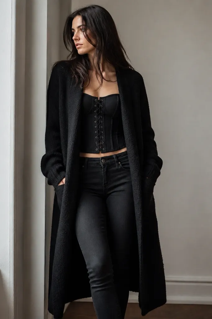 A black corset visible at the waist with a long black cardigan worn open. Slim black jeans run down to the ankle. The cardigan fabric looks soft and thick, and the corset lacing is centered.