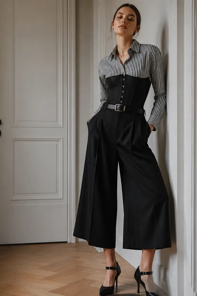 A black corset over a black-and-white striped button shirt. The stripes are vertical and the shirt is tucked. The model wears high-waist black culottes that are wide at the hem. Accessories are black with a silver buckle.