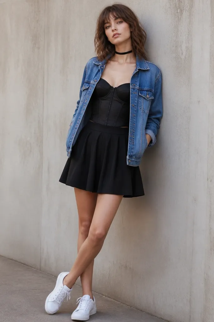 A black corset worn under an open medium-wash denim jacket. A black skater skirt sits at the waist and flares slightly. The model wears white low-top sneakers and a black choker.