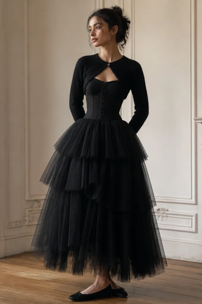 A black corset paired with a layered black tulle skirt. Over it, the model wears a short micro-crop cardigan in black with a soft knit texture. The skirt is voluminous but the waistline is tight. The model wears black ballet flats.