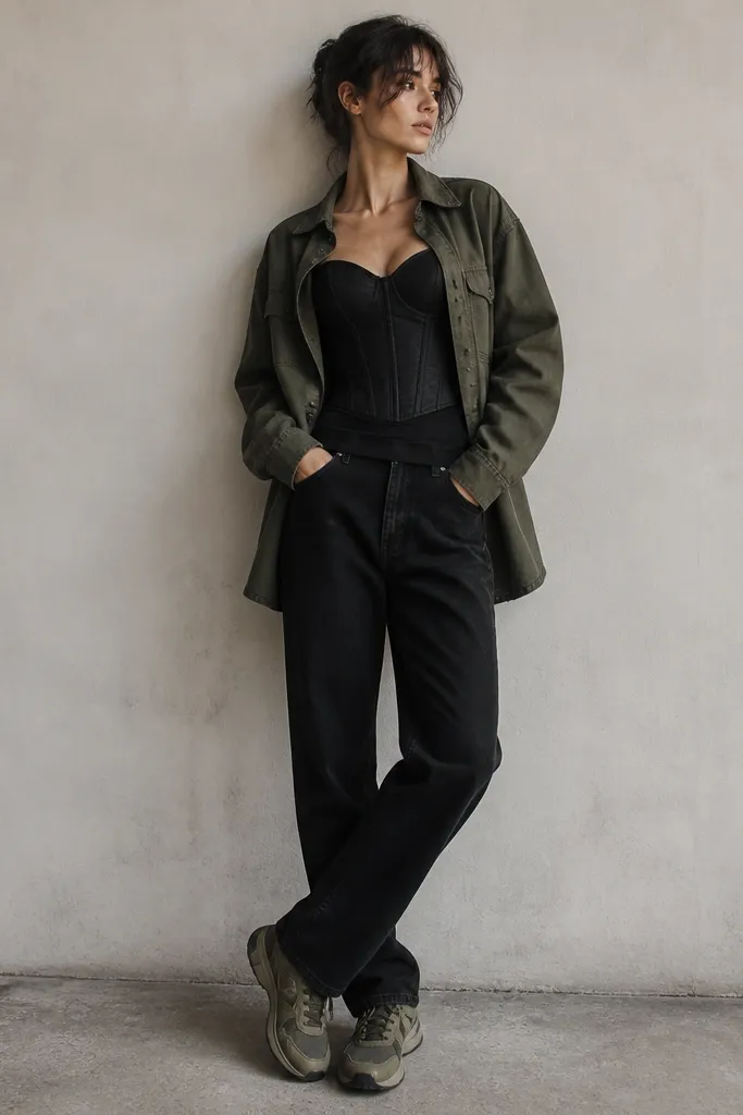 A black corset with an olive green overshirt worn open. Under it, a black fitted top sits at the waist. The model wears black straight jeans and olive sneakers. The overall look is muted and practical.