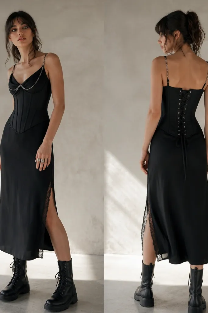 A black corset styled over a black slip dress with subtle silver chain detail near the neckline and straps. The model wears black lace-up boots and a silver statement ring. The corset lacing is clearly visible at the back.