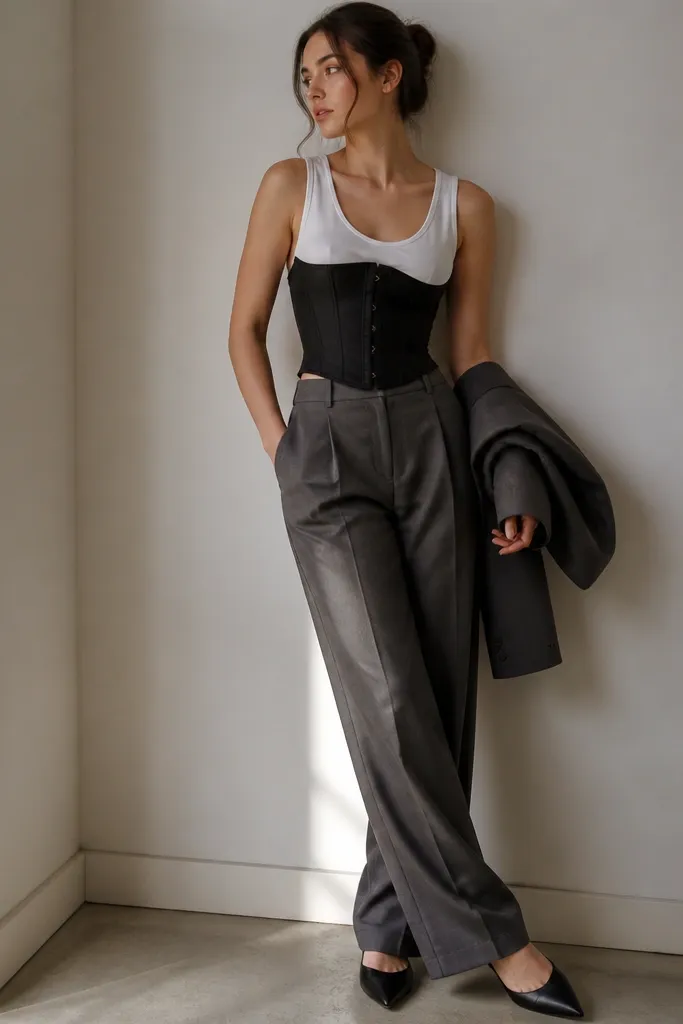 A black corset worn over a fitted white tank. The bottoms are high-waist grey suit trousers with pressed creases. The model has black pointed flats and a structured blazer draped over the arm.