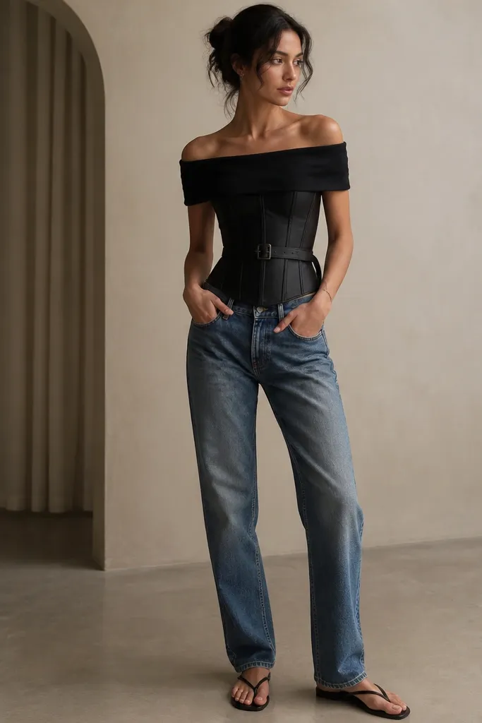 A black corset with an off-shoulder neckline worn with relaxed straight jeans. A black waist belt sits right at the narrowest part of the waist; the look includes a fitted black top layer at the shoulders and flat sandals.