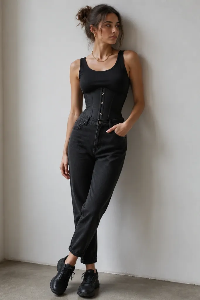 A black corset worn over a fitted black tank, paired with high-rise black mom jeans. The jeans have a slight taper through the thigh; a short gold necklace and black sneakers complete the look.