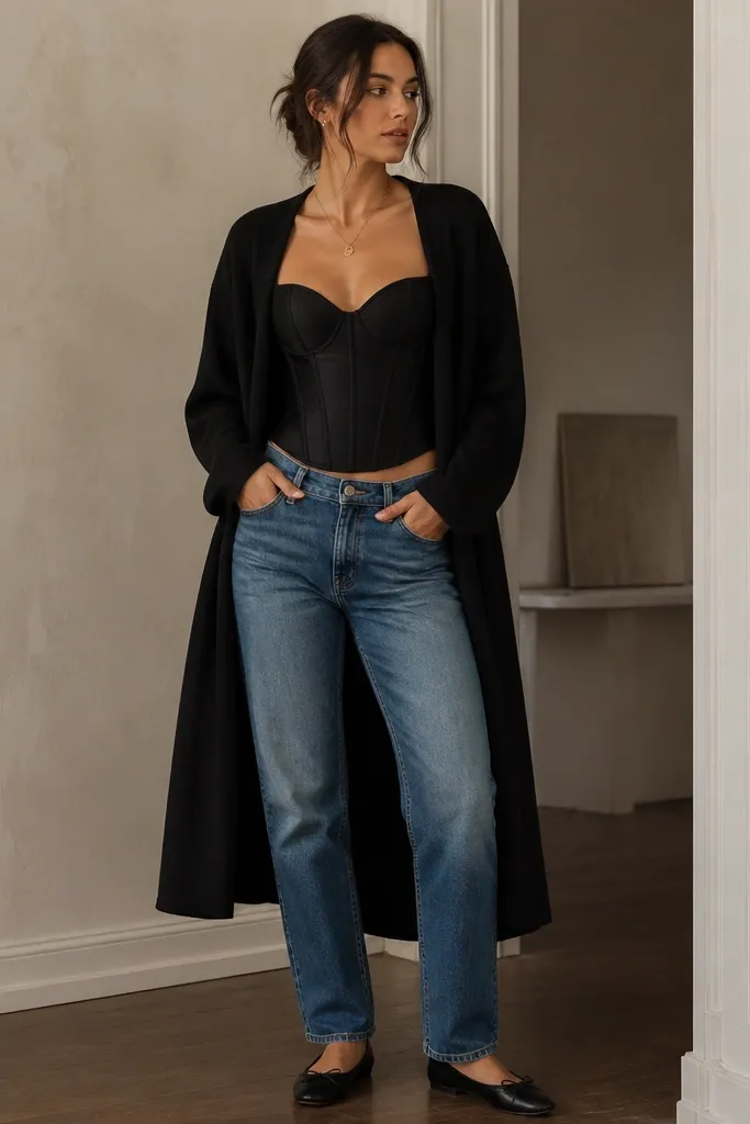 A black corset worn with medium-wash jeans and a long black cardigan worn open. The cardigan falls to mid-calf, while the corset waist edge remains visible; black ballet flats and a simple pendant necklace finish it.