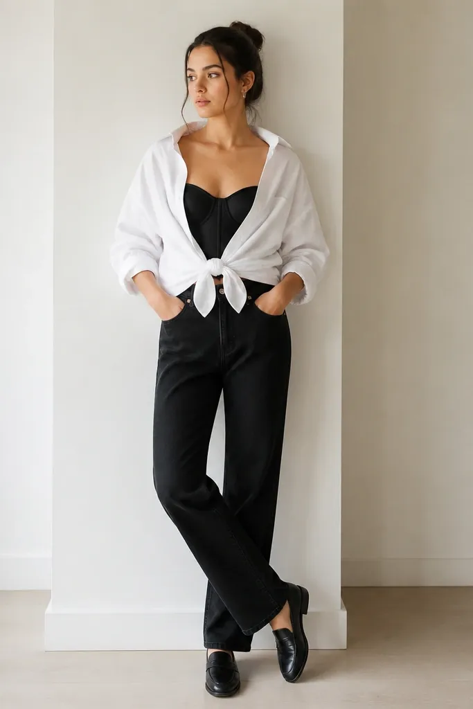 A black corset worn with straight dark jeans and an oversized white button-up shirt tied at the waist. The shirt shows a knot at the narrowest part; the corset neckline is visible; black loafers complete it.