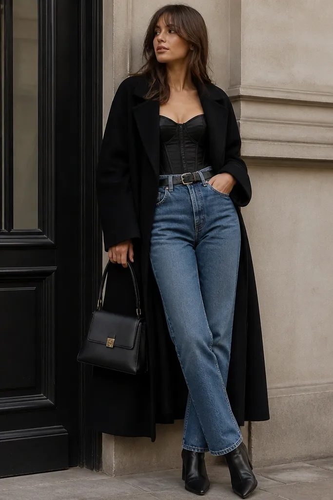 A black corset visible at the waist under a long black coat worn open. Straight jeans sit high at the waist, and a thin belt cinches at the center; black ankle boots and a structured bag are shown.