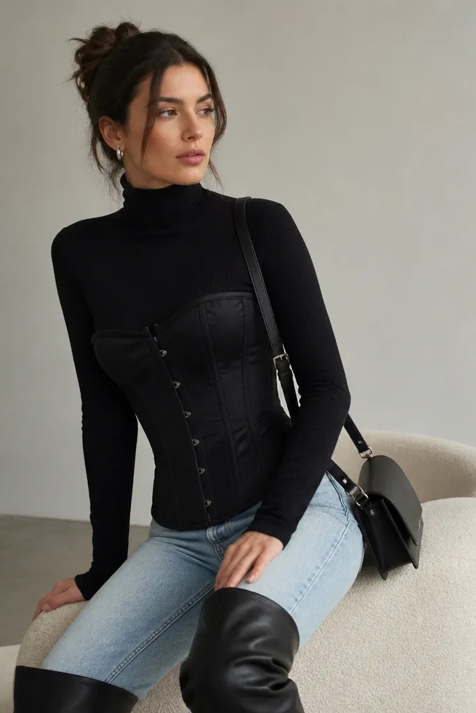 A black corset worn over a fitted black turtleneck and paired with light-wash jeans. The outfit includes black knee-high boots, a dark crossbody bag, and small silver earrings.