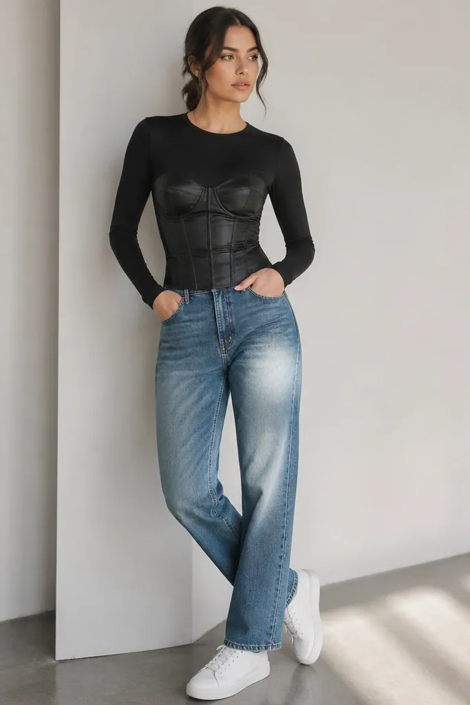 A satin black corset top with a subtle sheen, worn over a fitted base layer. The jeans are medium-wash straight-leg with a faded thigh. White low-top sneakers finish the look.