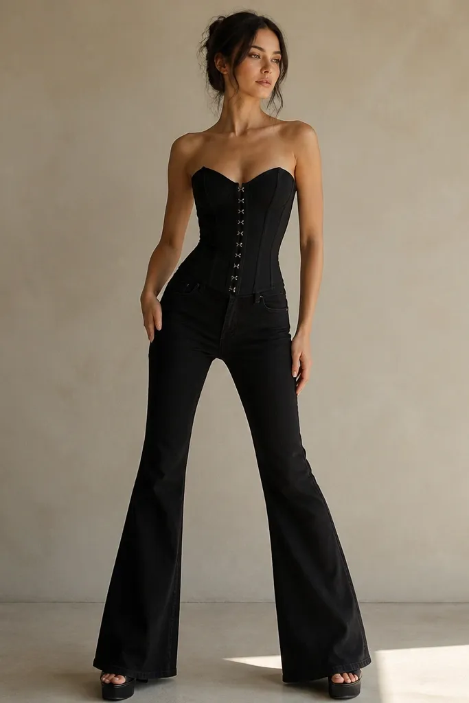 A longline black corset top that extends past the high waist, paired with high-rise black flare jeans. The flares widen from the knee and the hem grazes the top of platform heels.