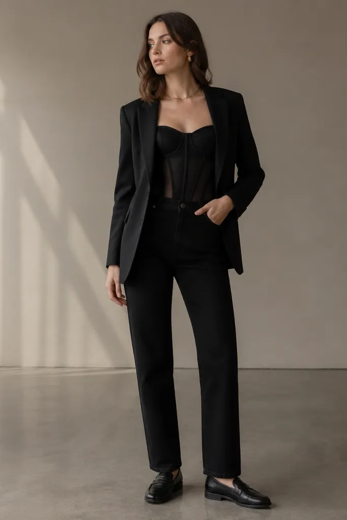 A black corset top with mesh panel detailing and visible boning. Black straight jeans sit under a fitted black blazer. The outfit includes loafers.