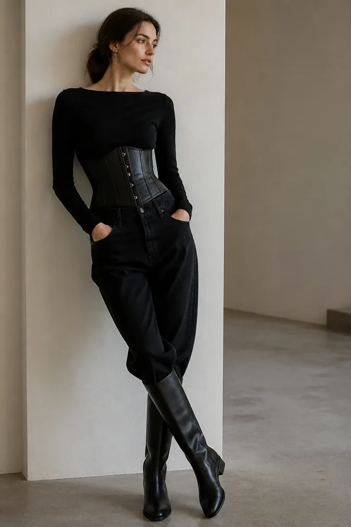 A black corset belt worn over a fitted black top, paired with relaxed black jeans. Knee-high black boots with a low heel are visible.