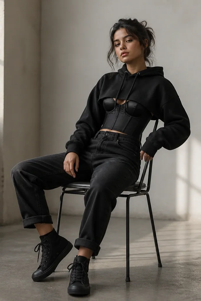 A black corset top peeking from under a cropped black hoodie. Black jeans are straight and cuffed. High-top black sneakers finish the outfit.