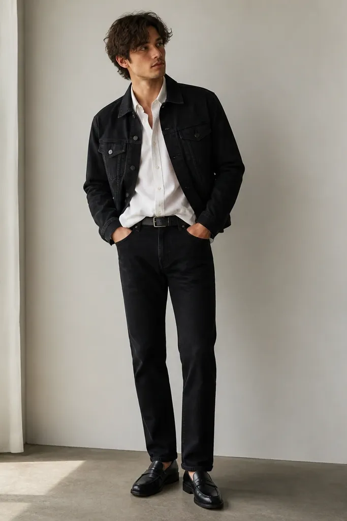 A black cropped denim jacket over a white button-down shirt. The shirt is half-tucked. The pants are black slim-straight jeans. The shoes are black leather loafers and a simple black belt.