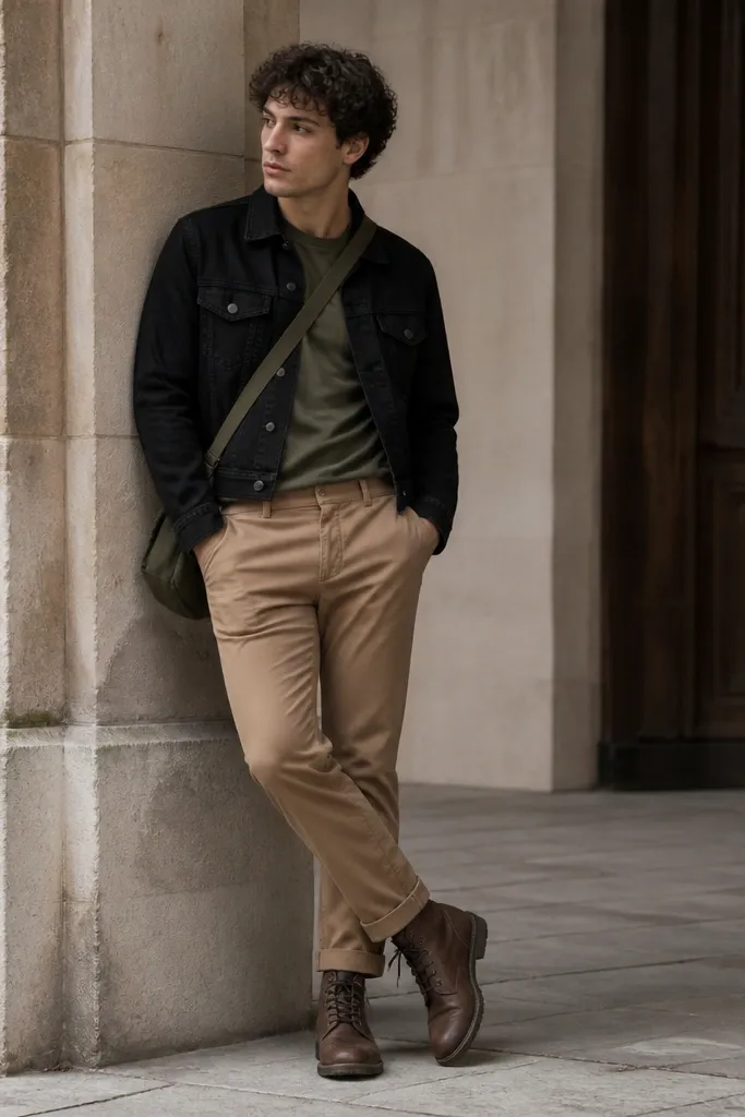 A black cropped denim jacket over an olive green crew tee. The pants are tan chinos. The person wears brown lace-up boots and a small olive bag.