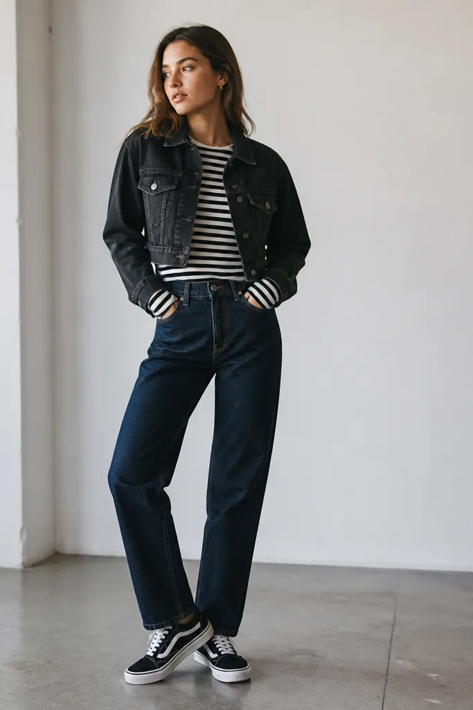 A black cropped denim jacket worn over a black-and-white striped long-sleeve shirt. The pants are dark indigo jeans. The shoes are black-and-white skate sneakers.