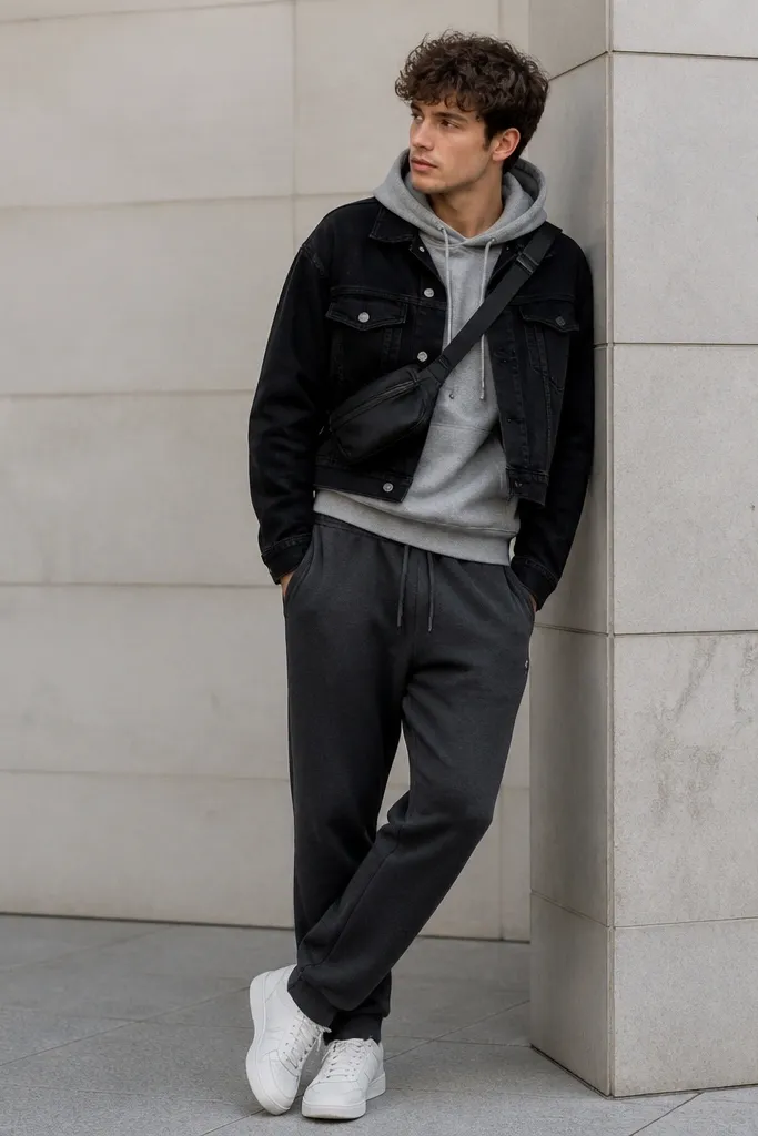 A black cropped denim jacket over a medium-grey hoodie. The joggers are charcoal. White sneakers sit under the hems. A black crossbody bag is worn across the chest.
