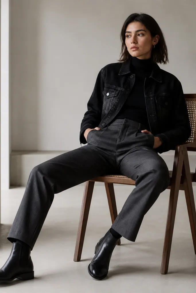 A black cropped denim jacket layered over a fitted black turtleneck. The pants are charcoal straight-leg trousers. The shoes are black Chelsea boots.