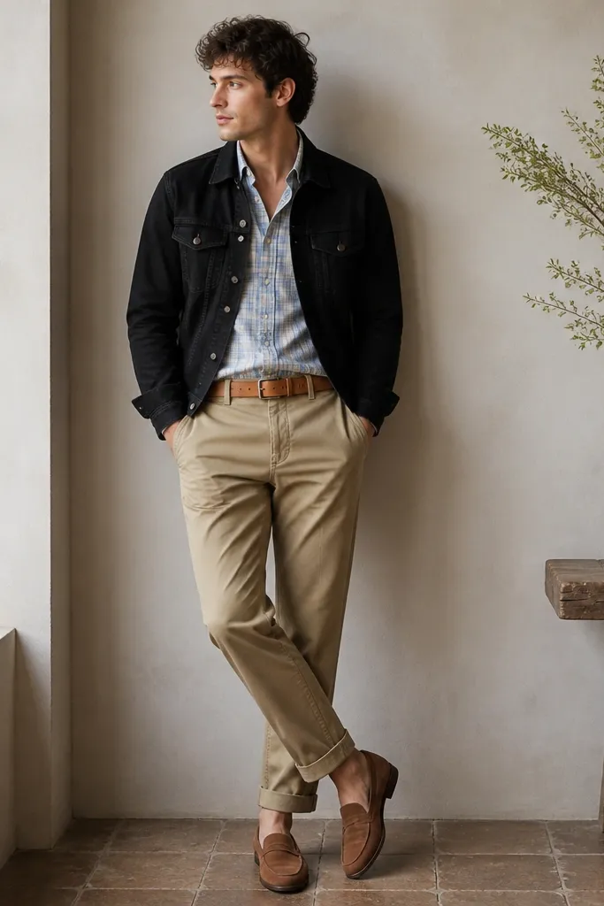 A black cropped denim jacket over a light blue and white flannel shirt. The pants are khaki chinos. The person wears brown suede loafers and a tan belt.