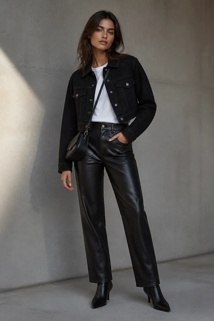 A black cropped denim jacket over a plain white crew tee. The pants are black leather-look pants with a straight fit. The shoes are black pointed-toe boots. A small black bag sits at the hip.