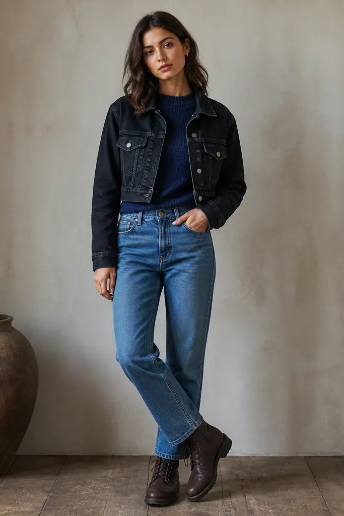 A black cropped denim jacket over a navy knit sweater. The pants are medium-wash jeans. The shoes are dark brown lace-up boots.