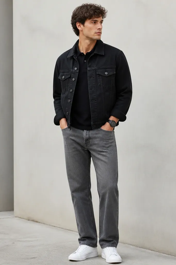 A black cropped denim jacket worn over a black polo shirt. The pants are grey straight-leg jeans. The shoes are clean white sneakers and a black watch.