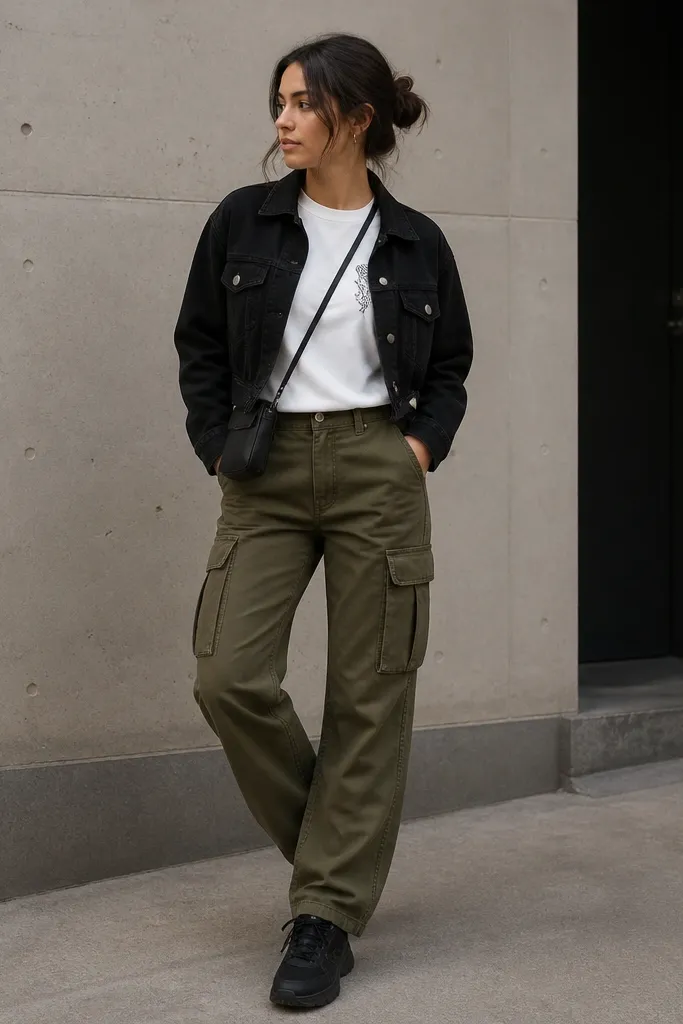 A black cropped denim jacket over a white tee with a small black chest graphic. The pants are olive cargo pants. The shoes are black sneakers and a small black crossbody bag.
